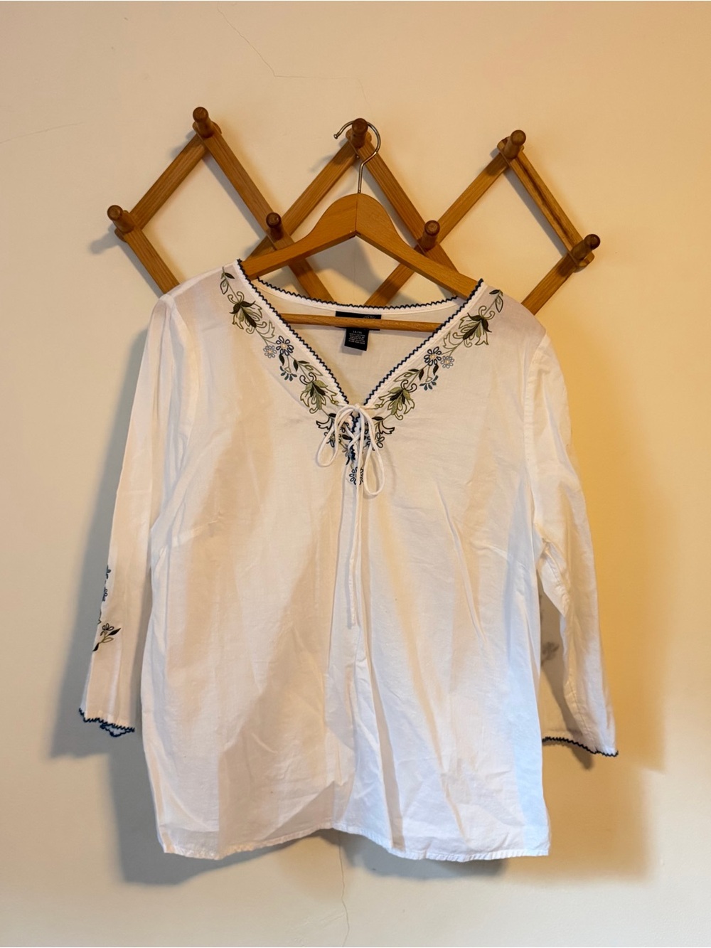 Embroidered Tie-Front White Peasant Blouse